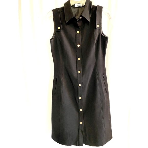 Calvin Klein Women Size 4 Classy Black Dress Sleeveless Lined Gold Buttons - Picture 1 of 14